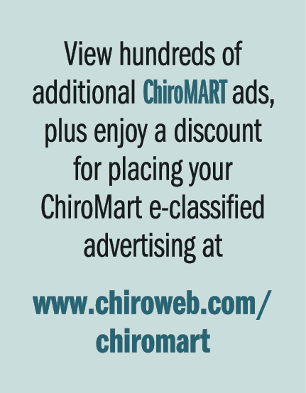 View hundreds of additional ChiroMART ads, plus enjoy a discount for placing your ChiroMart e classified advertising ...