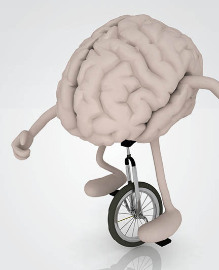 human brain with arms and legs rides a unicycle with ease, 3d illustration