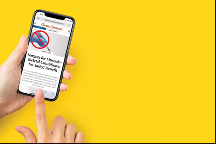 Mockup of female hands touching cell phone with blank screen on yellow background.