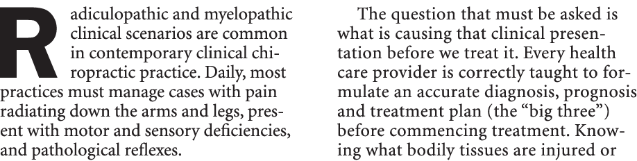Radiculopathic and myelopathic clinical scenarios are common in contemporary clinical chiropractic practice. Daily, m...