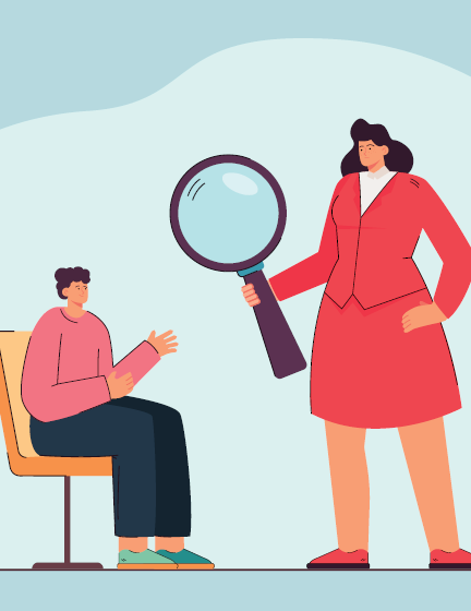 Parental control of child chatting on messenger of social media. Woman standing with magnifying glass near boy flat vector illustration. Internet concept for banner, website design or landing web page