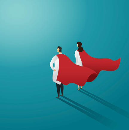 Super doctor two people professional red superhero cloak. Character set. Vector illustration