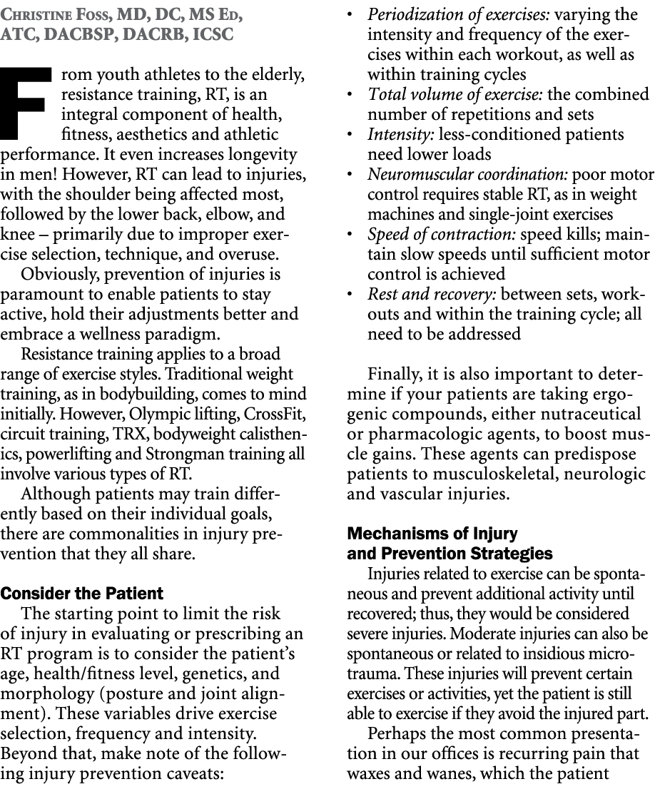 Christine Foss, MD, DC, MS Ed, ATC, DACBSP, DACRB, ICSC From youth athletes to the elderly, resistance training, RT, ...