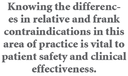 Knowing the differences in relative and frank contraindications in this area of practice is vital to patient safety a...