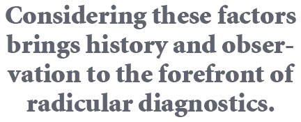 Considering these factors brings history and observation to the forefront of radicular diagnostics.