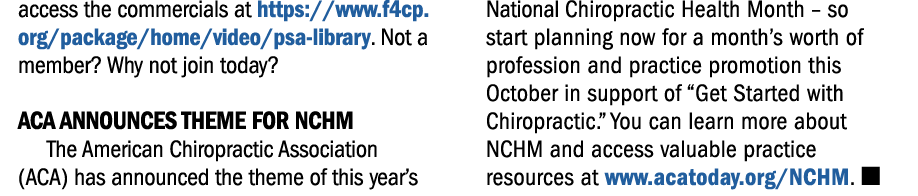 access the commercials at https://www.f4cp.org/package/home/video/psa library. Not a member? Why not join today? ACA ...