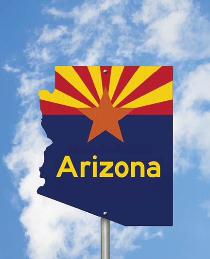 Welcome to the state of Arizona road sign in the shape of the state map with the flag with sky background