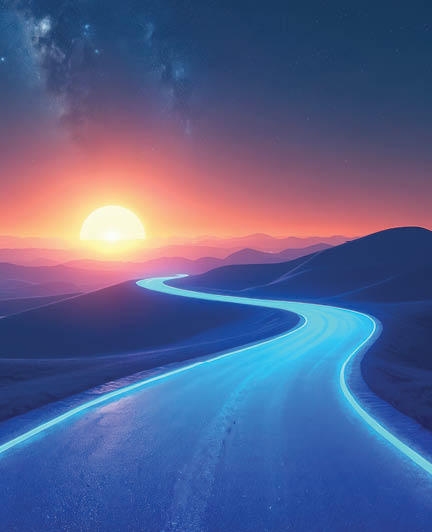 Blue glowing road curves through dark rolling hills. Bright sun sets rises on horizon with orange sky. Starry night sky above tech path. Futuristic journey new possibilities adventure.