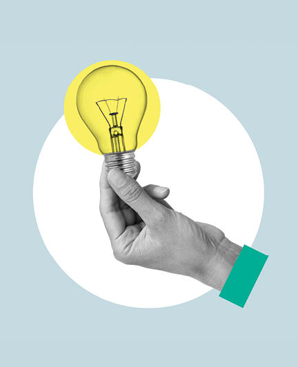 Fresh Idea is shown using a collage with photos of lamp in the hand. Innovative ideas