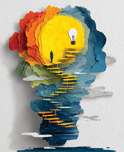 Flat vector of an open book transforming into a staircase leading to a glowing lightbulb, white background, minimal shapes --ar 4:5 --quality 4 --stylize 750 --v 7 Job ID: 3b068c06-1476-4a7f-8fec-3265f44110e6