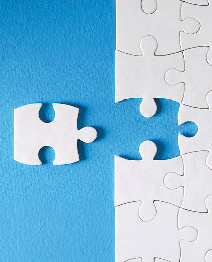 Last piece of puzzle lying separately on blue background. Psychological problem solving concept