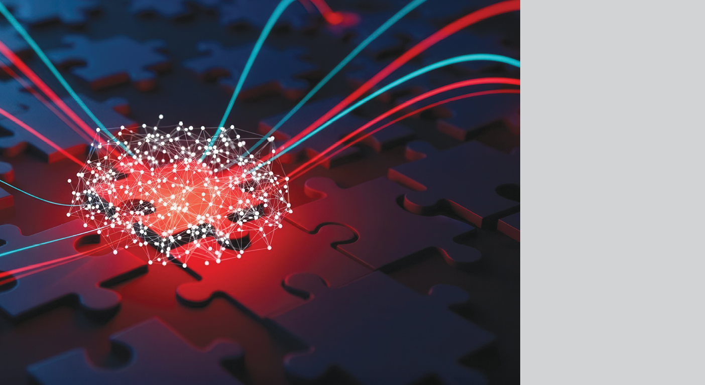 A glowing network of interconnected white nodes and lines forms a brain shape on a dark puzzle piece background with red and blue light trails extending outward. Description generated by AI