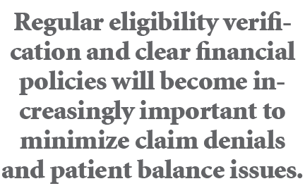 Regular eligibility verification and clear financial policies will become increasingly important to minimize claim de...