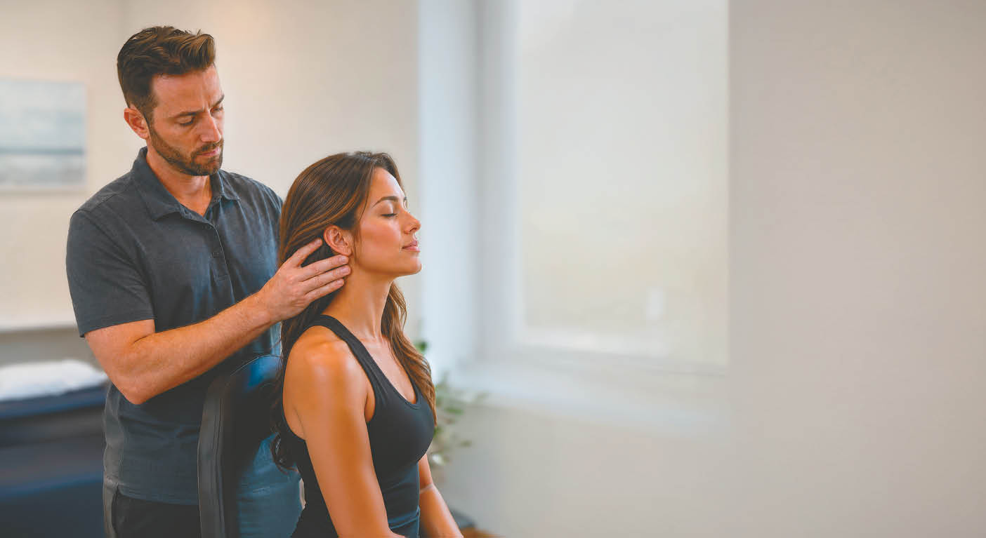 An adult with short hair wearing a dark polo shirt is gently touching the neck of a seated adult with long hair wearing a black tank top in a softly lit room. Description generated by AI