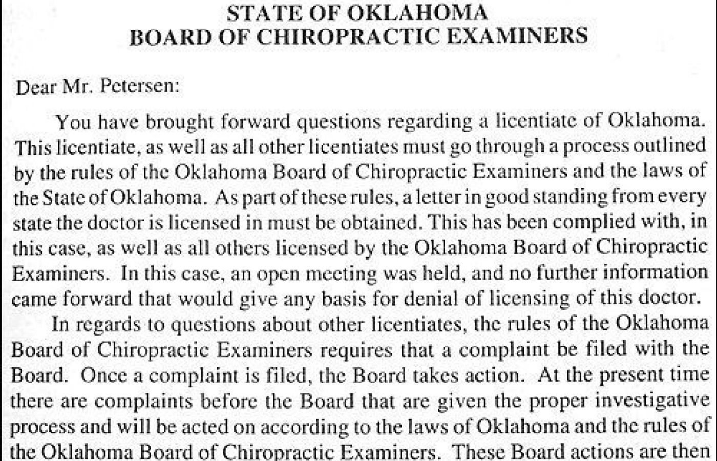 Letter from Oklahoma State Board of Chiropractic Examiners